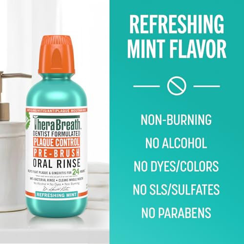 TheraBreath Plaque Control Pre-Brush Oral Rinse, Refreshing Mint Flavor, Antigingivitis and Antiplaque Rinse, Dentist Formulated, Alcohol Free, 16 Fl Oz (Pack of 2)