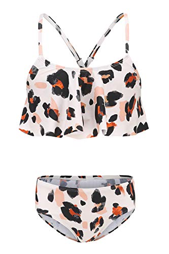 Girls Two Piece Bikini Swimsuits Leopard Bathing Suit Hawaiian Ruffle Swimwear Set for Kids Brown Size 12/10-12