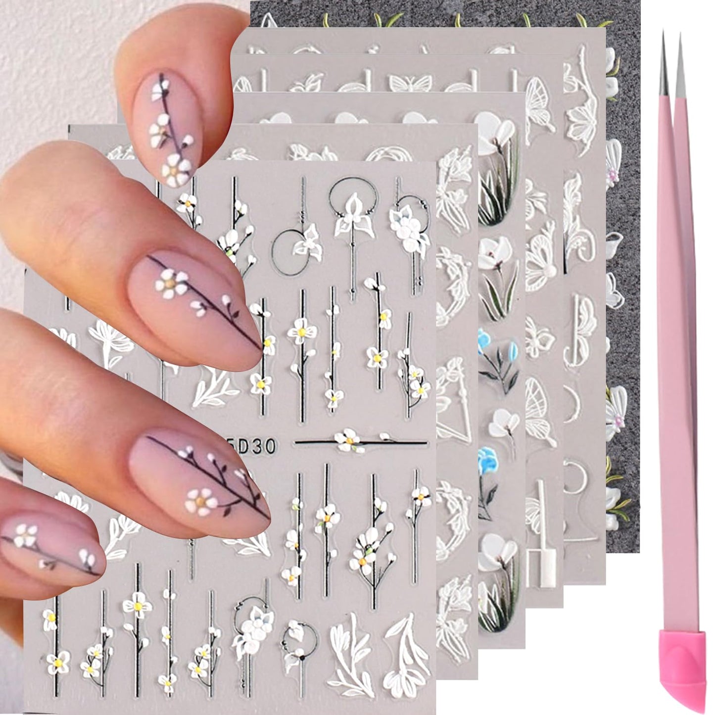 VOTACOS Flower Nail Stickers for Nail Art 5D Embossed Engraved Nail Decals 3D Spring Summer Nail Supplies Accessories White Blue Self-Adhesive Nail DIY Design Decoration for Women Girls(6 Sheets