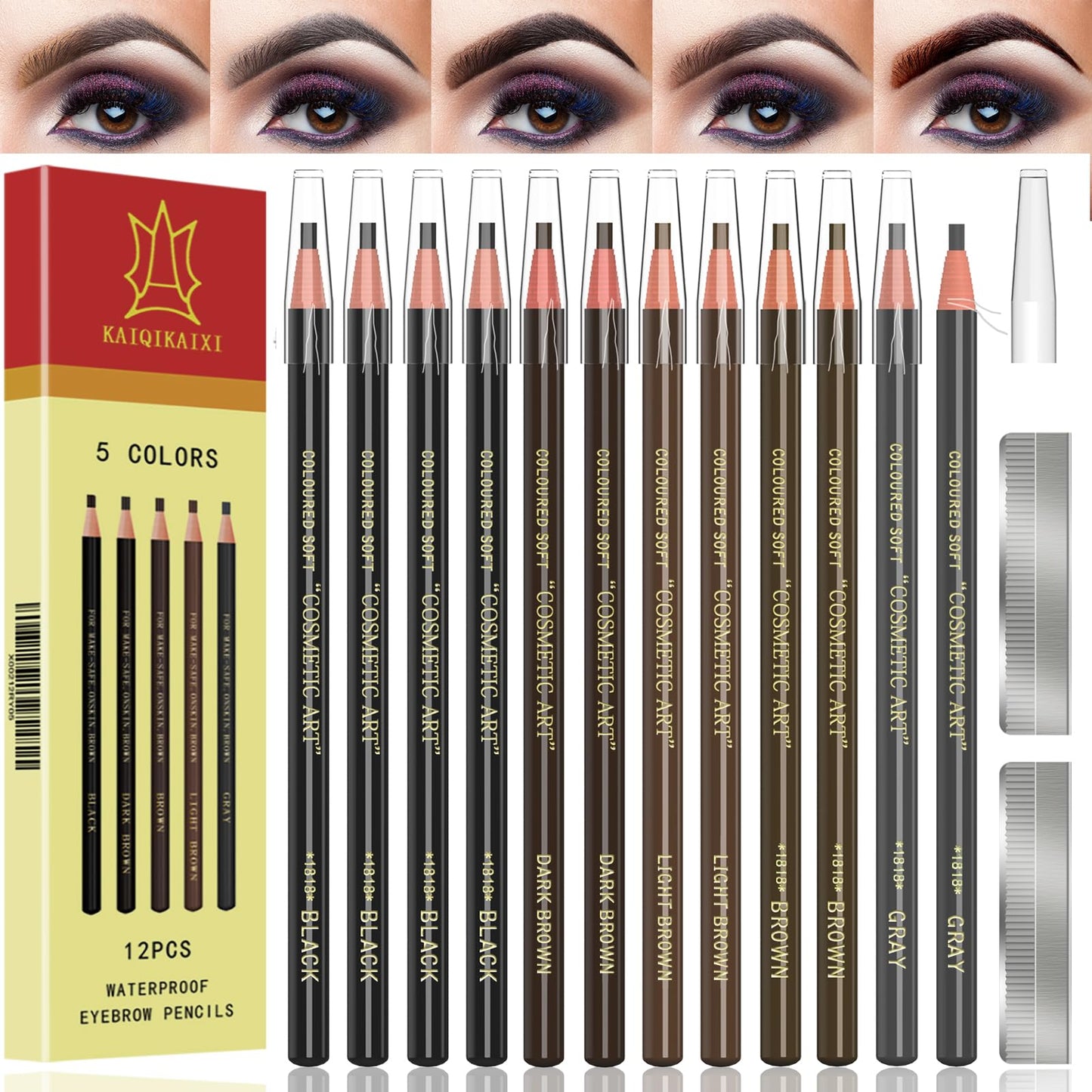 Eyebrow Pencils Brow Pencil Set For Marking, Filling And Outlining, Tattoo Makeup And Microblading Supplies Kit-Permanent Eye Brow Liners In, 12Pcs 5Colors(4Black6Brown2Gray)(Multicolor)