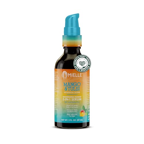 Mielle Organics Mango & Tulsi Nourishing 3-in-1 Hair Serum - Hair & Scalp Serum for Frizz Control, Split Ends & Moisture Balance - Strengthens & Seals Cuticles with Nutrients (12 Fl Oz)