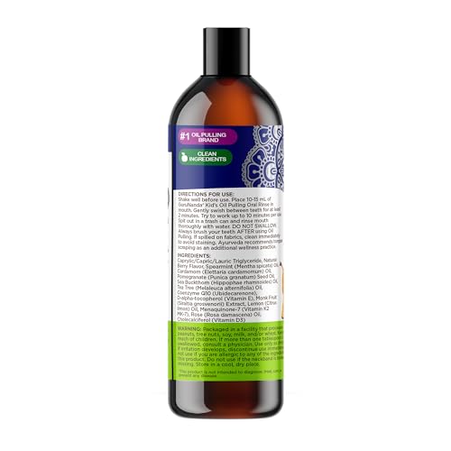 GuruNanda Kids Oil Pulling, Alcohol-Free Mouthwash, Essential Oils & Vitamins for Fresh Breath & Happy Gums for Ages 6 & up, Natural Berry Lemon Rose, 8 Oz