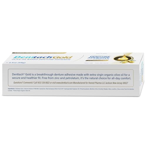 Denttach Gold Denture Adhesive, Petroleum Free Olive Oil Based Premium Denture Adhesive Cream for Full and Partial Dentures, All Day Secure Hold Denture Glue, Zinc Free, 2.4 Ounce