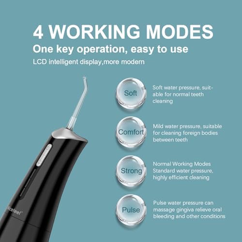 Nicefeel Water Dental Flosser Pick for Teeth 3 Modes Cordless Portable Water Teeth Cleaner Ipx7 Waterproof Oral Irrigator 300ml Tank Water Teeth Cleaner Rechargeable Flossing (Black, 4 Modes)