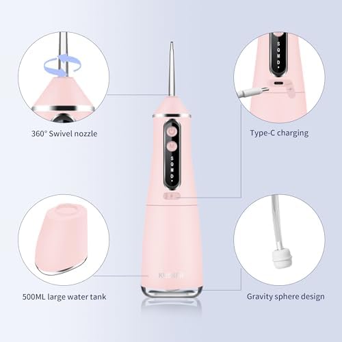 Water Dental Flosser Cordless, KUSKER 500ML Portable Oral Irrigator for Teeth, 5 Modes and 4 Jet Tips, IPX7 Waterproof, Rechargeable for 30-Days Use, Home, Travel, Braces(Warm Pink)
