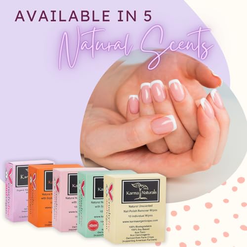 Karma Organic Natural Nail Polish Remover Wipes with Soybean and Lavender Oil, 100% Soy Based, Non-Toxic, Vegan, Cruelty-Free – Pack of 10