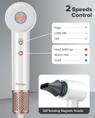 High Speed Ionic Hair Dryer with Diffuser, Professonal Blow Dryer 110,000 RPM Brushless Motor for Fast Drying, 1500W 4Temps /2Speeds, Thermo-Control Hairdryer for Women Home Travel (White)