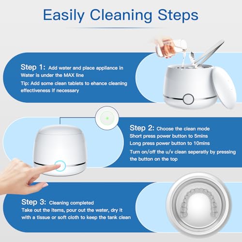 Ultrasonic Retainer Cleaner, 45kHz Denture Cleaner Machine, 5min and 10min Modes with Rechargable Top Cover, 200ml Dental Cleaning Pod, MouthGuard Cleaner for Aligner NightGuard Jewelry(White)