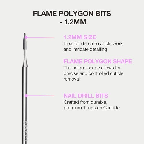 Curacoro Cuticle Nail Drill Bit 3/32'' - 1.2mm Flame Polygon Shape Bit for Professional Finish, Refine & Smooth Acrylic or Gel Nails, Nail Art Pedicure Manicure Salon & Home
