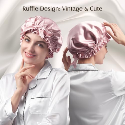 YFONG Double Layered 100% Mulberry Silk Bonnet for Sleeping Women, Large 22MM Luxury Silk Sleep Cap with Elastic Band & Tie, Natural Night Hair Wrap for Hair Care Short Long Curly Hair, Pink