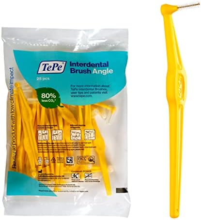 TePe Interdental Brush Angle, Angled Dental Brush for Teeth Cleaning, Pack of 25, 0.7 mm, Medium Gaps, Yellow, Size 4