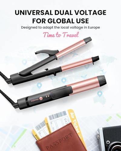 Dual Voltage Curling Iron, Travel Flat Iron Hair Curler in One for European, 1 1/4 Inch Ceramic Plates with Adjustable Temperature, Travel Size Glove Included, Black