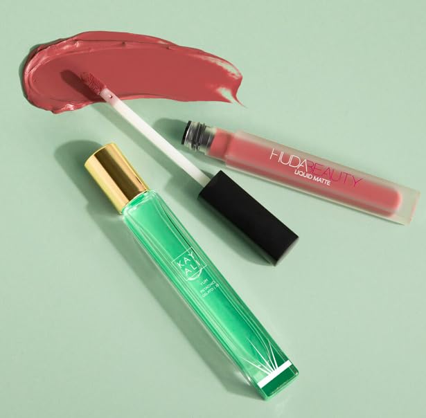 Huda Beauty Kayali Yum Gift Set - Pistachio Gelato | 33 Eau De Parfum Travel Size Spray (0.34 fl oz / 10 ml) and Matte Liquid Lipstick in Shade Queen of Sheba (0.14 fl oz / 4.2 ml)