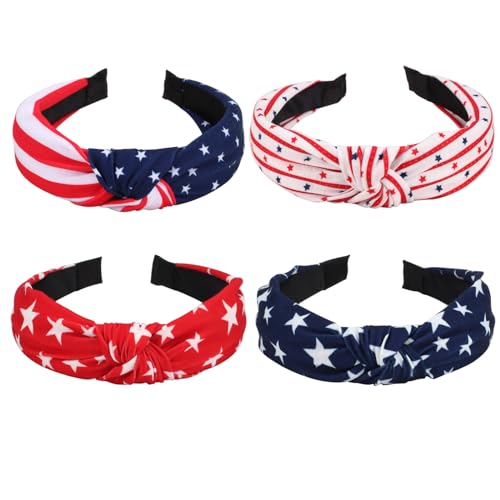 Lonext 4pcs Independence Day Knotted Headband for Women 4th of July Hairbands Twist Turban Headband Elastic Hair Hoop (American Flag Colors)