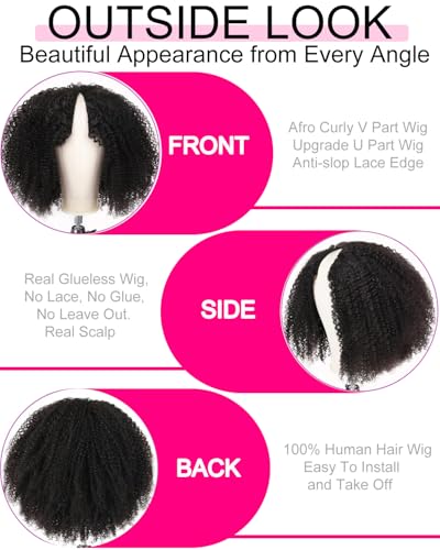 V SHOW Curly V Part Wig Human Hair Upgrade U Part Wig Human Hair Wigs for Women Glueless V Shape Wig Afro Curly Wigs No Leave Out 180% Density Natural Color 18Inch