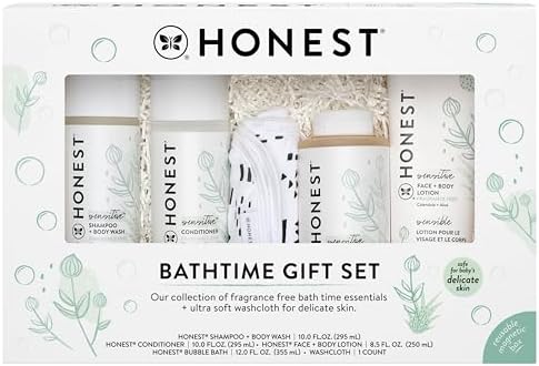 The Honest Company Fragrance Free Bathtime Gift Set | Hypoallergenic Bath Essentials for Sensitive Skin | Shampoo + Body Wash, Face + Body Lotion, Bubble Bath, Conditioner, Wash Cloth