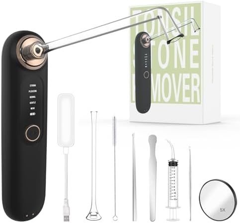 Voraiya Tonsil Stone Removal Vacuum Kit with 5 Mode Suction, 10 in 1 Electronic, Oral Irrigator, Tongue Scraper, Oral lamp & 5X Magnifying Mirror Included for Fresh Breath, Black