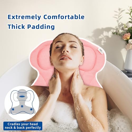 Bath Pillow, Bath Pillows for Tub Neck and Back Support, Bathtub Pillows for Head and Neck with 6 Strong Non-Slip Suction Cups, 4D Air Mesh, Bath Accessories Spa Gifts for Women(Pink)
