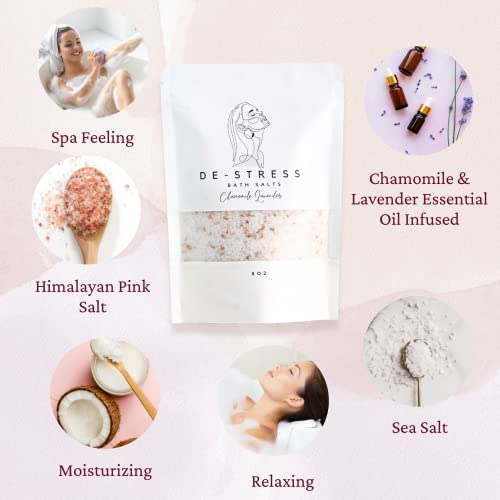 Soothing Bath Salts – 8 oz Relaxing Chamomile Lavender Soak with Epsom Salt, Himalayan Pink Salt and Sea Salt – Natural, Calming, Stress Relief and Soft Skin