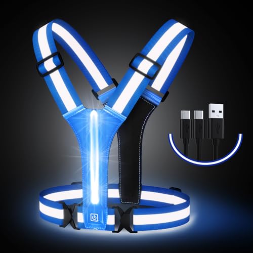 Simket Led Light Up Running Vest Reflective Vest for Walking at Night, High Visibility Night Running Gear Rechargeable Adjustable Running Lights for Runners Walkers Men Women (Blue)