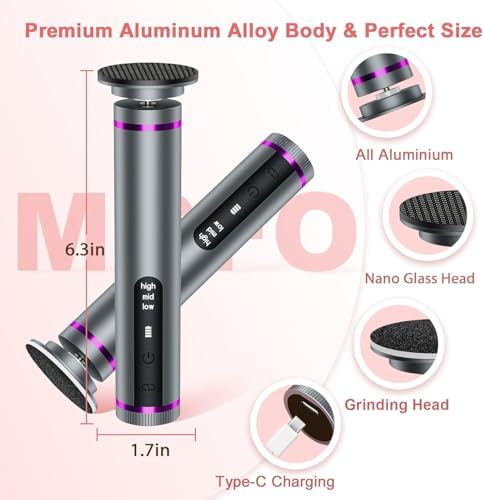 Electric Callus Remover for Feet, 3 Speeds Electric Foot Callus Remover with Powerful Brushless Motor, 2600mAh Runs for 7Hours, Washable Nano Glass Head, 60 Pcs Sandpaper Discs, Gift for Women & Men
