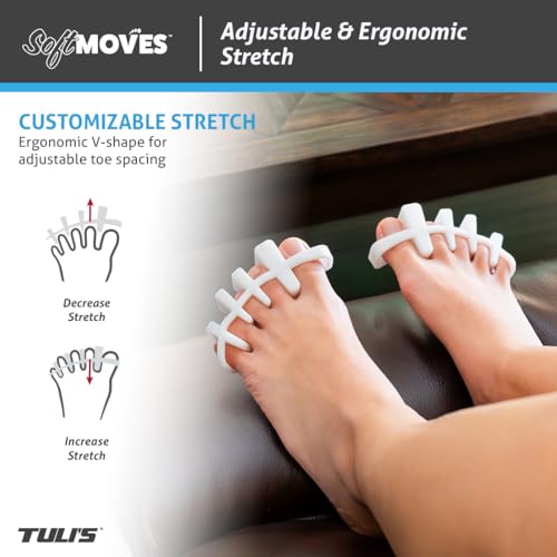 Tuli's Soft Moves Adjustable Toe Separators, Soft Silicone Toe Spacers for Alignment, Bunions, Hammertoes, Plantar Fasciitis, Yoga, and Morton’s Neuroma, One Size Fits All, White
