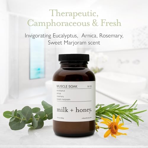 milk + honey Muscle and Bath Soak No. 18, Moisturizing Epsom Salt Bath Soak with Eucalyptus, Arnica, Rosemary and Sweet Marjoram, 10 oz