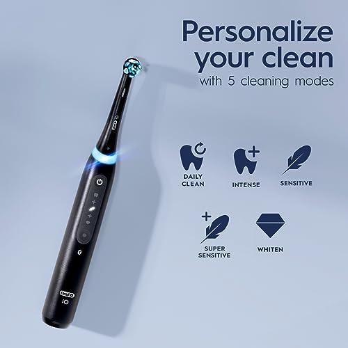 Oral-B iO Series 5 Rechargeable Electric Toothbrush with Visible Pressure Sensor to Protect Gums, 2 Minute Timer, 5 Cleaning Settings, 1 Replacement Toothbrush Heads, and Travel Case, Black