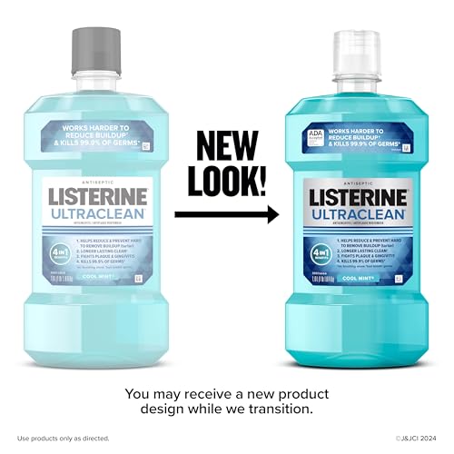 Listerine Ultraclean Oral Care Antiseptic Mouthwash, Everfresh Technology to Help Fight Bad Breath, Gingivitis, Plaque & Tartar, ADA-Accepted Oral Rinse, Cool Mint, 1 L, Pack of 2