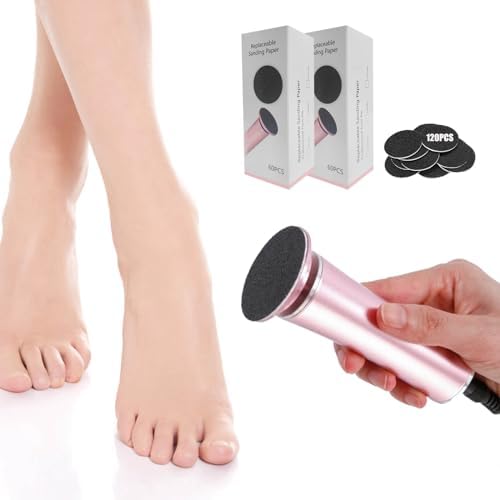 Electric Foot File Callus Remover Professional Foot File Pedicure Tools Adjustable Speed 120pcs Replacement Sandpaper disc Easy to Remove Cutin Dead Skin calluses for Men and Women(Rose Gold 120pcs)