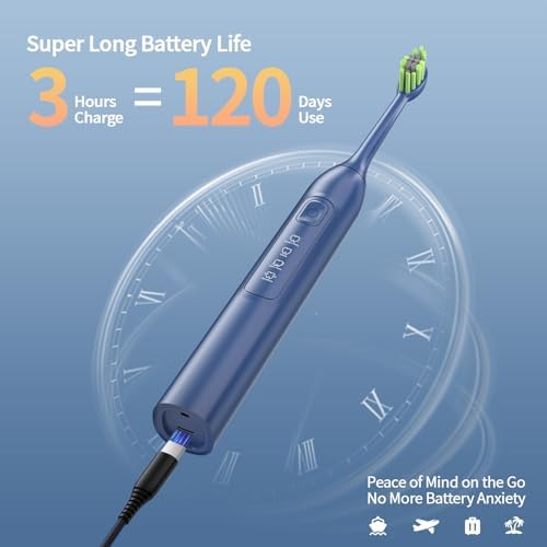 Electric Toothbrush for Adults, 42000 VPM Deep Clean Sonic Toothbrush with 6 Brush Heads, 4 Modes, IPX7 Waterproof Rechargeable Toothbrushes for 120 Days, Built-in 2 Mins Smart Timer (Blue)
