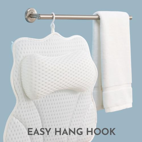 WONDERfoam Thick Padded Ergonomic Bath Pillow for Tub, Bathtub Headrest Neck and Back Support, Strong Suction Cups, Machine Washable Breathable Mesh Quick Dry Pillows, Luxury Spa Accessories, White