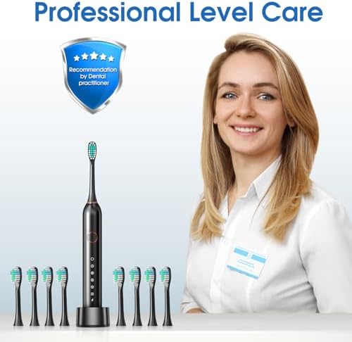 Electric Toothbrush, Sonic Type for Adults & Teens, 8 Brush Heads, Travel Case, 6 Modes, 40000 VPM Electric Motor, IPX7 Waterproof, 2 Minutes Timer, Wireless Charging, One Charge for 100 Days（Black）