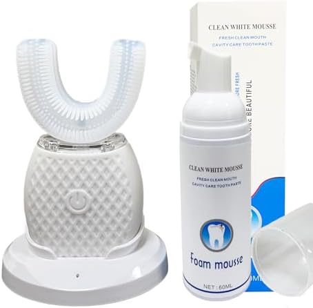 U-Shaped Automatic Ultrasonic Toothbrush, 360° Electric Toothbrush for Adults for Teeth Whitening, Rechargeable Ultrasonic Tooth Brush for Travel Home Dual-use (White, 1)