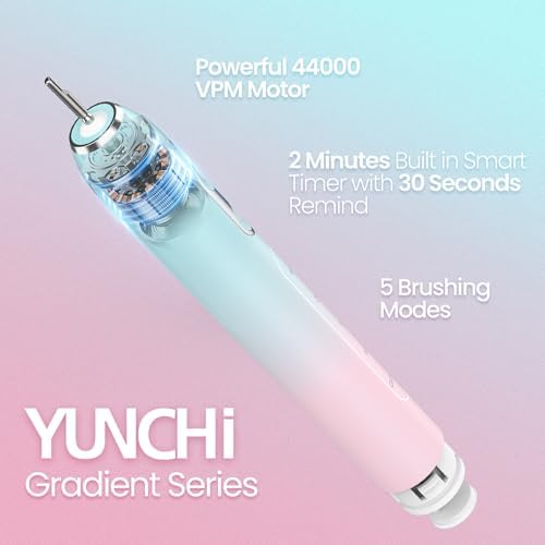 YUNCHI Electric Toothbrush for Adults and Kids, Rechargeable Battery Toothbrush, 8 Brush Heads, 5 Modes, 44000 VPM Motor-2 Min Smart Timer, IPX7 Waterproof, Travel Case, 55 Days-Pink & Blue Gradient