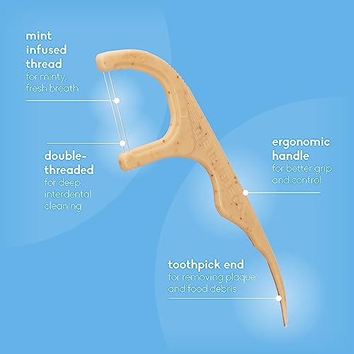 The Humble Co. Floss Picks (200 Count) – Plant Based Dental Floss Picks for Superior Oral Care, Dental Hygiene, and Gum Health, Cruelty Free Tooth Floss Picks (Mint, Double Thread)