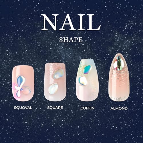 KISS Masterpiece French Tip Press On Nails, Black, Medium Almond, 12 Jeweled Accents, Glossy Finish Nail Kit Contains 30 Fake Nails, Pink Gel Nail Glue 2g (0.07 Oz.), Manicure Stick, & Mini Nail File