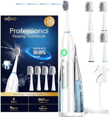 Electric Toothbrush with Water Flosser Combo, 3 Sonic Cleaning Modes, 5 Flossing Speeds, 4 Brush Heads, Portable Flossing Toothbrush for Adults Teeth Cleaning for Plaque Removal