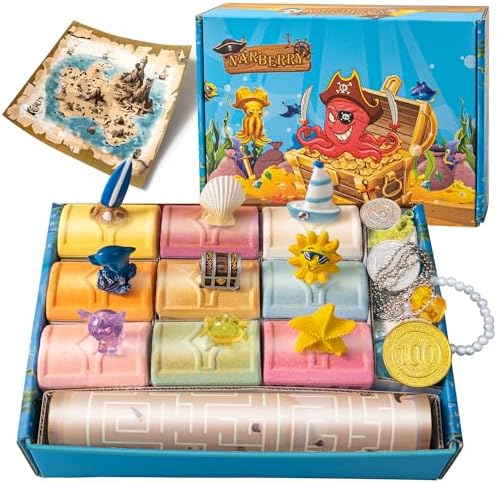 Bath Bombs for Kids with Surprise Toys Inside, 9 Pack Treasure Chest Bath Bombs Gift Set, Handmade Bubble Bath Fizzes Bomb with Toys, for Child-Safe, Fun & Educational, Ideal Gift for Kids