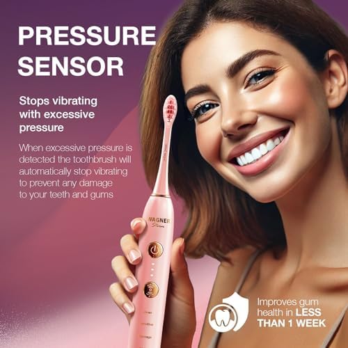 Wagner Stern WHITEN+ Edition. Whitening Electric Toothbrush with Pressure Sensor. Offers 5 Brushing Modes, 3 intensities, 8 Soft Brush Heads, and a Luxury Travel case.