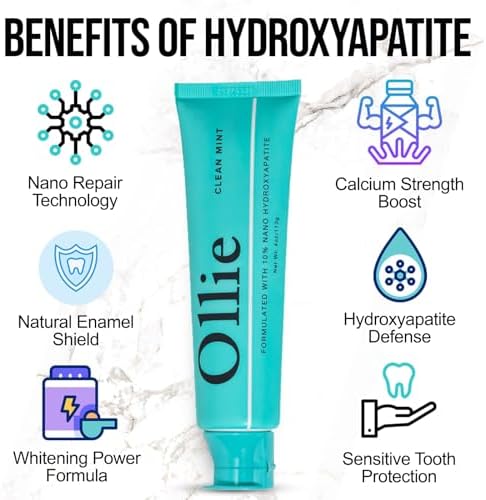 Ollie Clean Mint Nano Hydroxyapatite Toothpaste for Teeth Whitening, 10% Hydroxyapatite Formula, 4oz