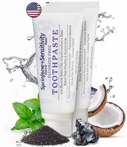 SprinJene Fluoride Free Toothpaste for Sensitive Teeth & Gum Fresh Breath Helps Dry Mouth Natural Non Fluoride Toothpaste for Adult SLS Free, Toxic Preservative Free with Black Seed Oil & Zinc 2 Pack