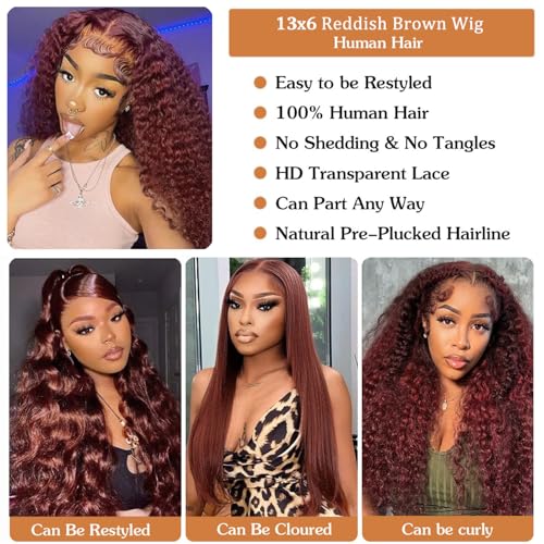 Reddish Brown Lace Front Wigs Human Hair 30 Inch Reddish Brown Curly Lace Front Wig 180 Density 33# Deep Wave 13x6 HD Lace Frontal Wigs Human Hair Pre Plucked for Women Auburn Colored Human Hair wig