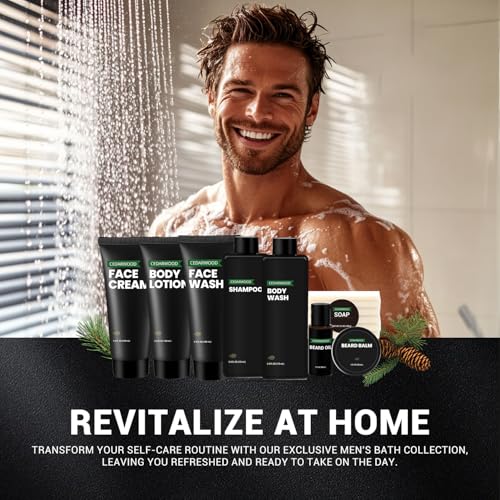 Rinse & Robust Men's Self-Care Gift Set, 10 Pcs Cedarwood Grooming Kit with Bath and Body Wash Gift Set, Beard Oil, Balm & Business Card Case, Unique Gifts for Him Father's Day, Birthday
