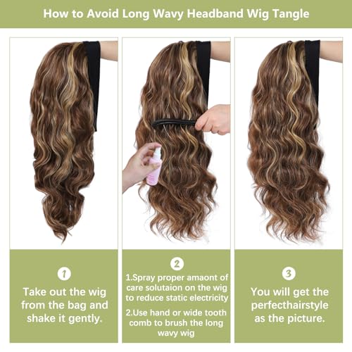 xccoco Long Wavy Headband Wig for Women Black Wigs with Brown Blonde Highlight 200% Denisty Headband Wigs Put On and Go Glueless Wig Long Synthetic Wig for Women Party Daliy Use