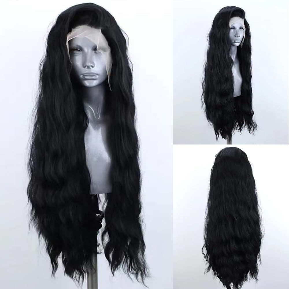 ELESTY 13 * 4 Long Wavy Black Hair Synthetic Lace Front Wigs for Women Loose Curly Natural Hairline Heat Resistant Fiber Lace Front Wigs Water Wave Free Part Glueless Wigs Cosplay Dairly Use 24Inch