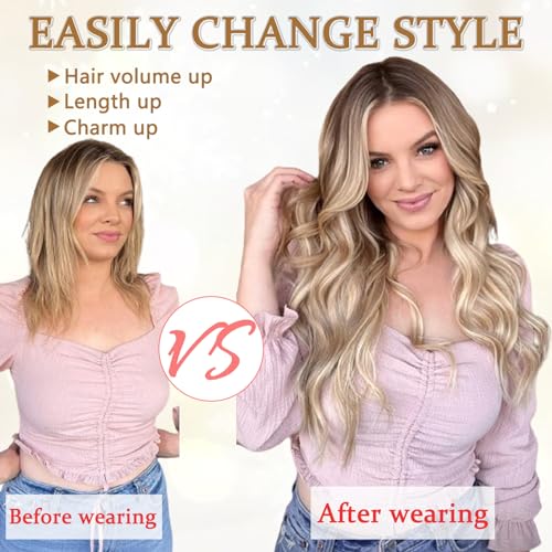 Clip in Hair Extensions for Women, 6PCS Long Wavy Curly Clip on Hair Extensions 20 Inch Honey Blonde Mixed Light Brown Synthetic Hairpieces