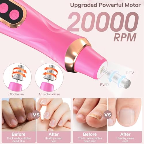 Professional Manicure Pedicure Kit Cordless Electric Nail File Set 6 Speed Cordless Nail Drill for Thick Nail Toenail Cuticle Hand Foot Care Nail Drill Tool(Rose)