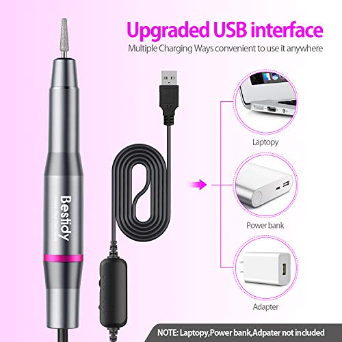 Bestidy Best Gift Electric Nail Drill Kit, USB Manicure Pen Sander Polisher with 6 Pieces Changeable Drills and Sand Bands for Exfoliating, Polishing, Nail Removing, Acrylic Nail Tools (B-Black)