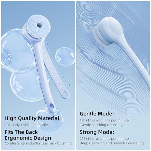 Electric Body Brush Back Scrubber for Shower, Waterproof Long Dual Handle Power Body Scrubber with 3 Heads, Rechargeable Bath Brush & 2 Speeds, for Cleansing, Exfoliating and Massaging Skin